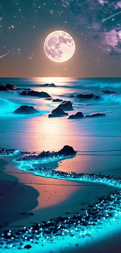 Moonlit beach with glowing waves under a starry sky.