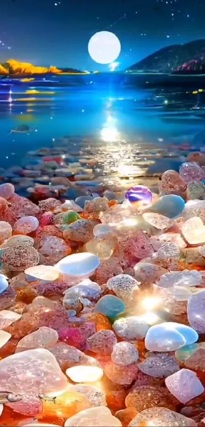 Moonlit beach with colorful pebbles and a starry sky.