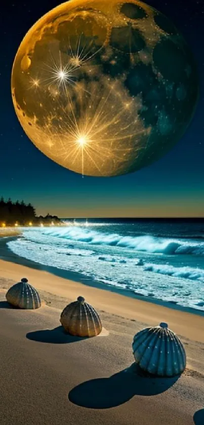 Surreal beach scene with giant moon and seashells under a starry sky.