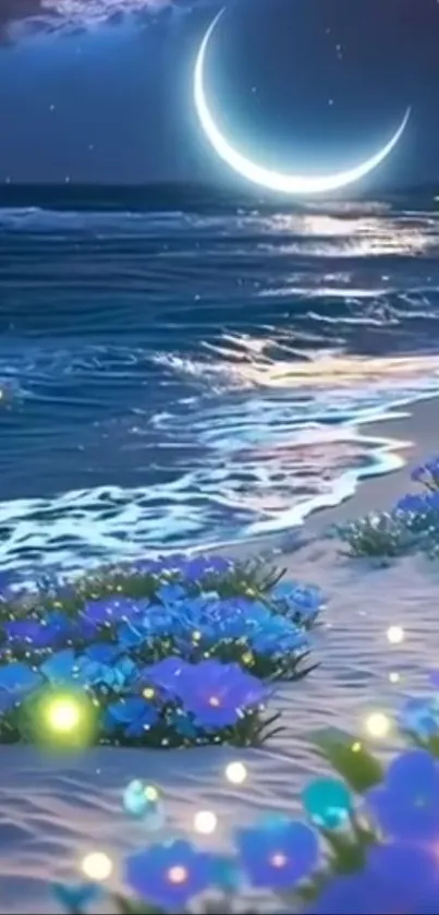 Fantasy moonlit beach with vibrant flowers and gentle ocean waves.