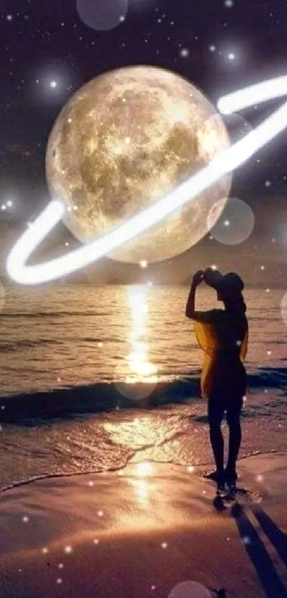 Silhouette on beach with glowing moon and stars.