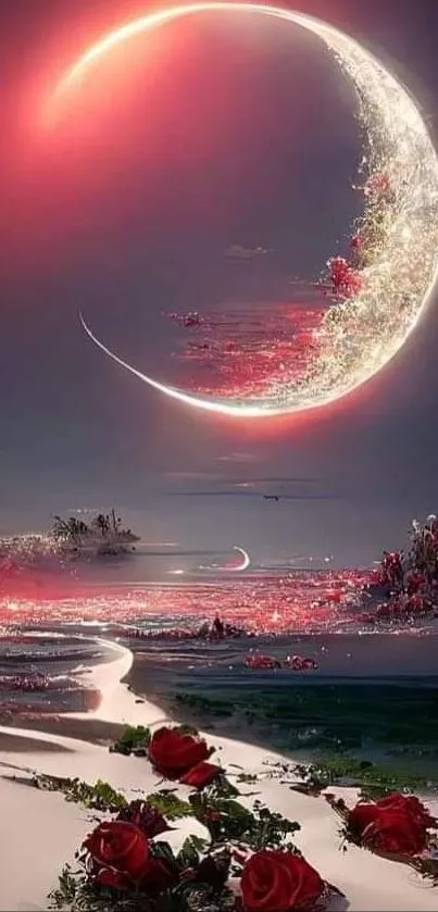 A crescent moon shines over a beach, adorned with red roses and glowing reflections.