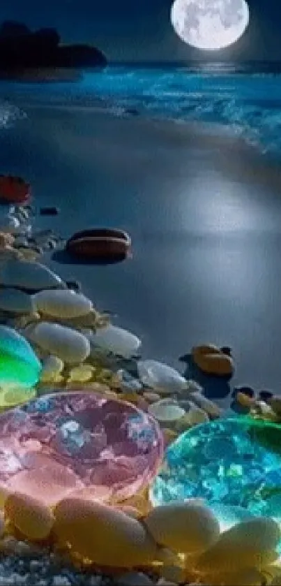 Moonlit beach with glowing gemstones and ocean waves.