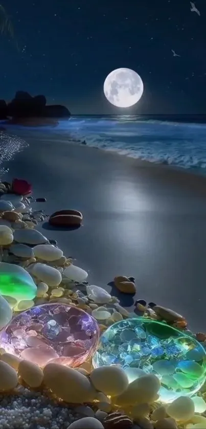 Moonlit beach with glowing gemstones at night.