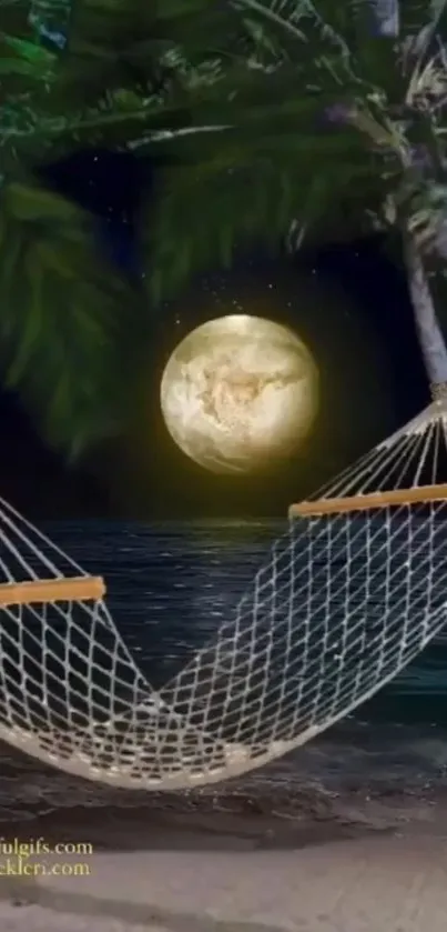 A hammock on a moonlit beach with palm trees and a starry sky.