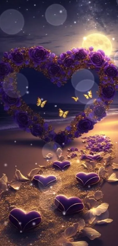 Romantic moonlit beach with heart-shaped flowers and butterflies.