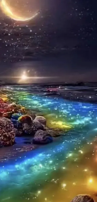 Moonlit beach with colorful glowing sand and starry night sky.