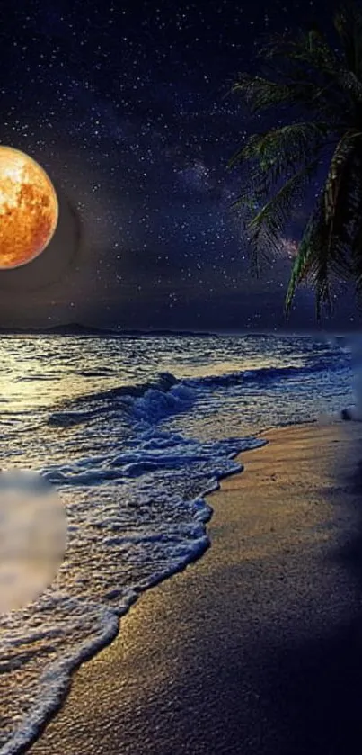 Moonlit beach with ocean waves under a starry night and glowing moon.