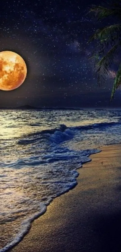 Moonlit beach with waves under a starry sky and a full moon.