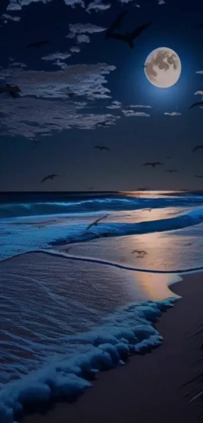 Moonlit beach scene with ocean waves.