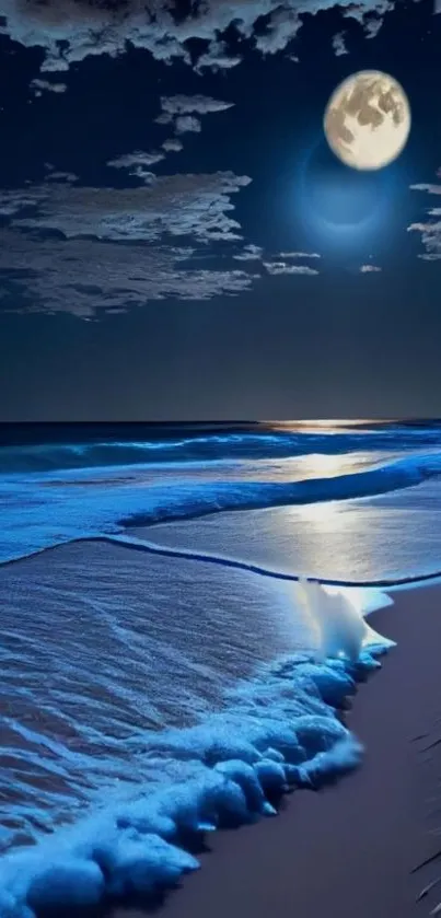 Moonlit beach with ocean waves and full moon reflecting in the night sky.