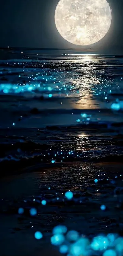 Moonlit beach with glowing blue waves under a full moon.