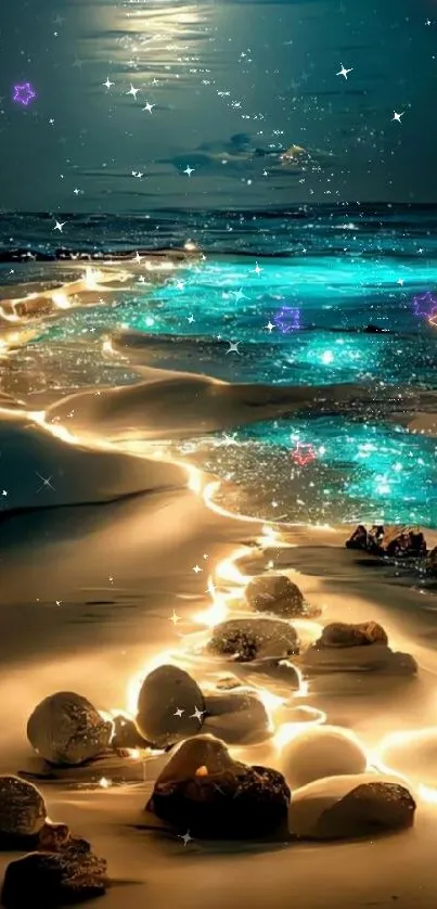 Moonlit beach with glowing water and a starry night sky wallpaper.