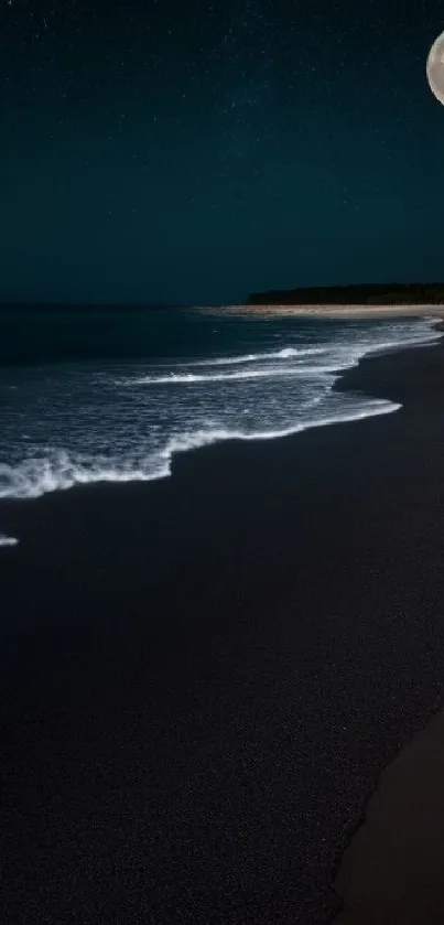 A serene moonlit beach with gentle waves at night.