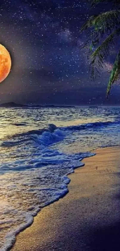 A serene moonlit beach scene with a full moon and waves gently touching the shore.