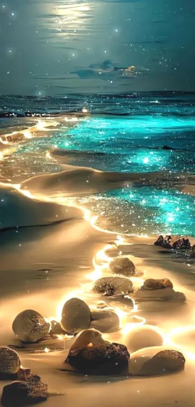 Moonlit beach with glowing sand pathway at night.