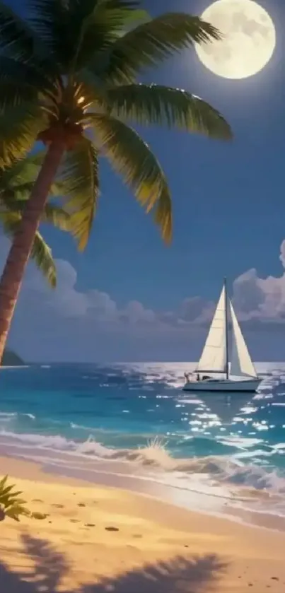 A tranquil moonlit beach with a sailboat under a full moon and palm trees.