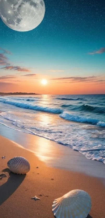 Moonlit beach with waves and seashells under a starry sky.