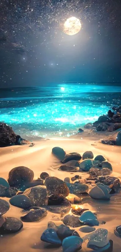 A serene moonlit beach with glowing ocean and rocks, under a starry sky.