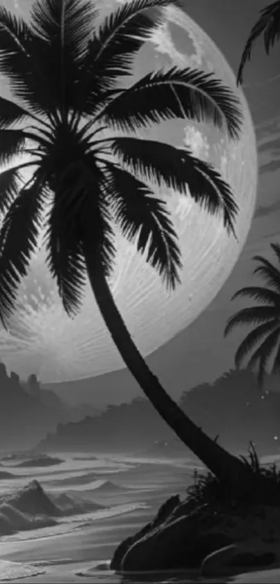 Moonlit beach with palm tree silhouettes at night.