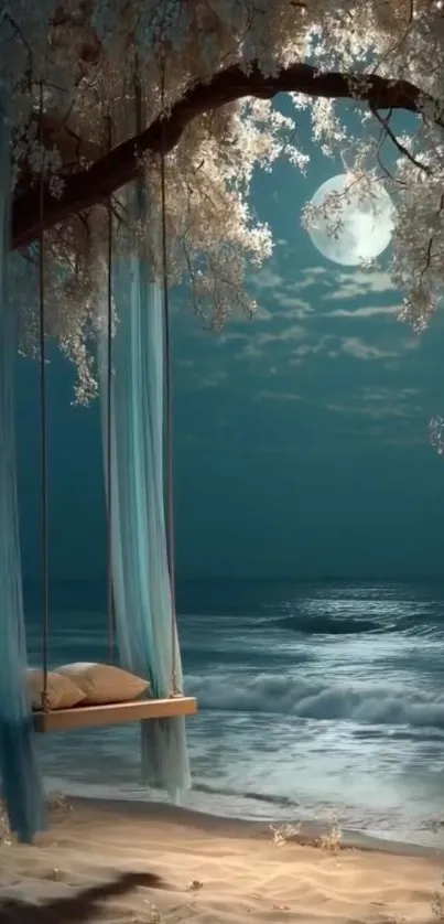 Swing on a moonlit beach under a tree with ocean view.