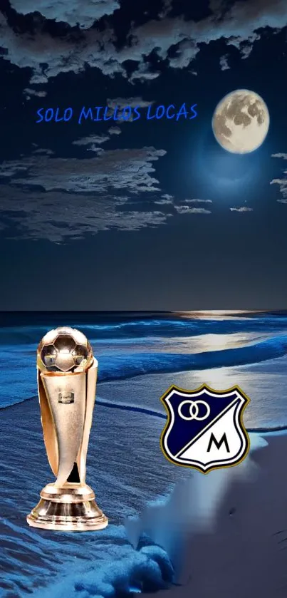 Moonlit beach with trophy and shield logo in serene night scene.