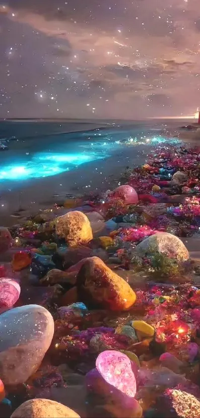 Moonlit beach with vibrant glowing stones and a tranquil night sky.