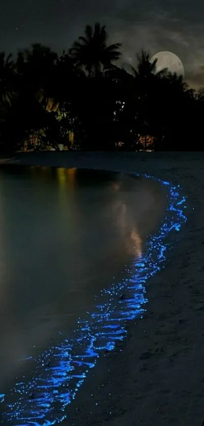 Moonlit beach with glowing bioluminescent waves under a starry sky.