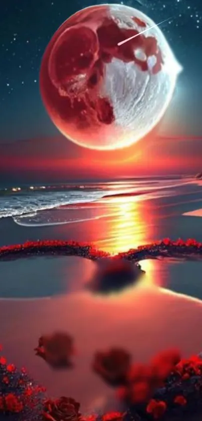 Moonlit beach with heart reflection and red moon.