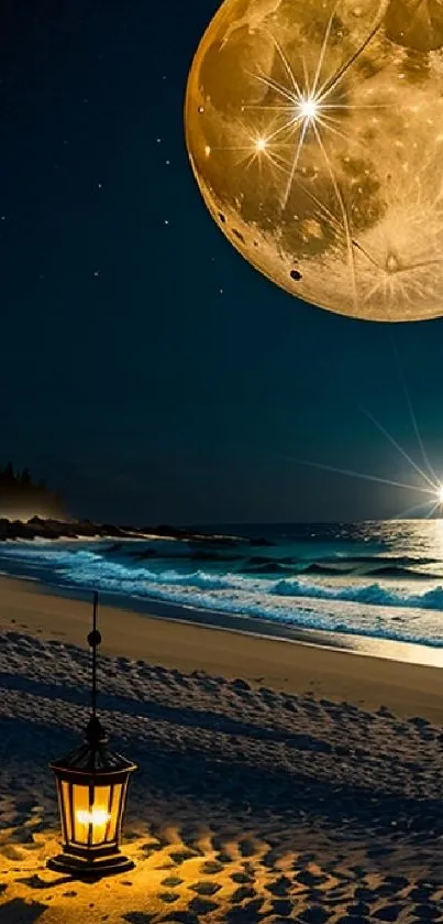 Moonlit beach with lantern and ocean waves.