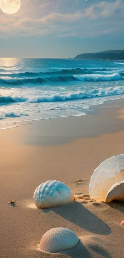 A serene moonlit beach with seashells and gentle ocean waves under a starry sky.