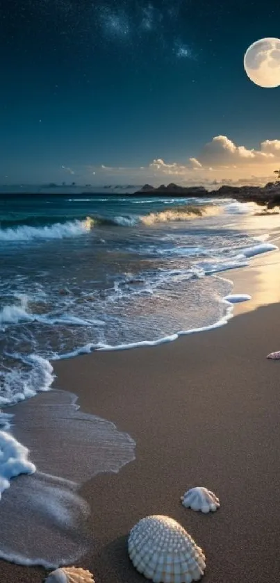 Moonlit beach with seashells and waves under a starry sky.