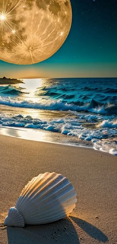 Moonlit beach scene with seashell and ocean waves.