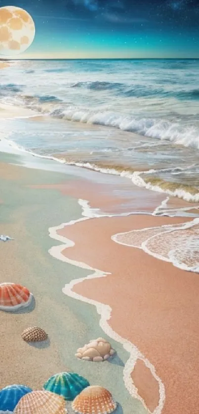 Moonlit beach scene with shells and waves in a calming nighttime setting.