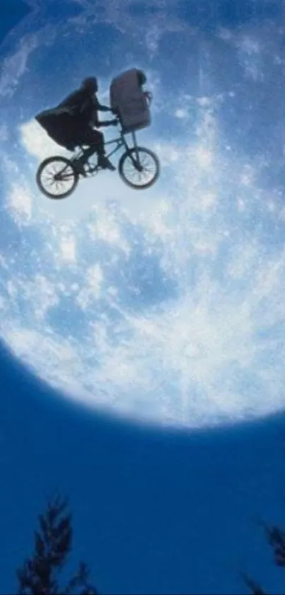 Silhouette of a bicycle flying across a glowing full moon at night.