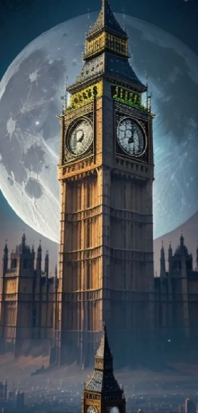 Moonlit Big Ben with a fantasy cityscape background in stunning wallpaper art.