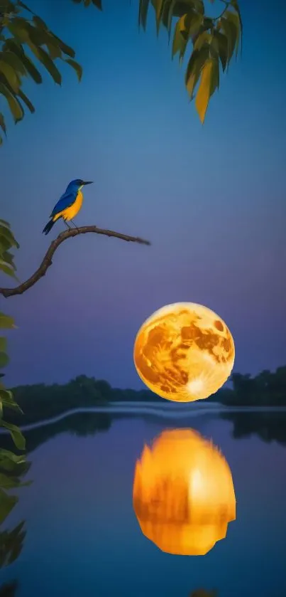 A bird on a branch against a full moon reflection over a serene lake.