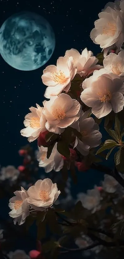 Moonlit blossoms against a starry night sky.