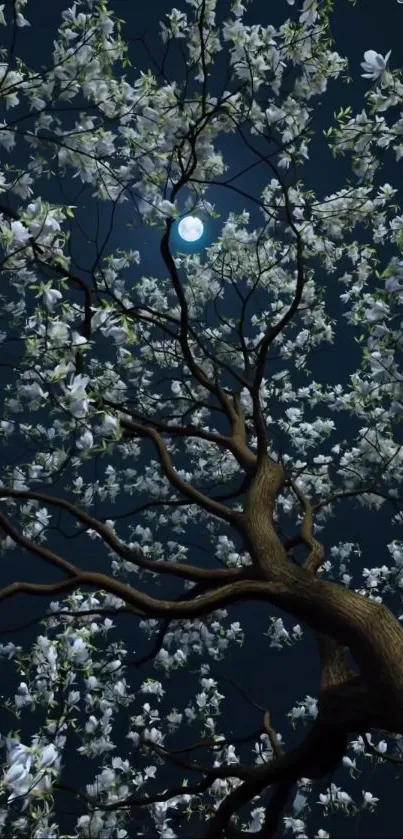 Moonlit blossom tree against night sky.