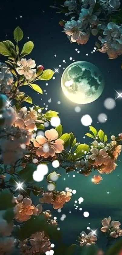 Moonlit night with blossoms and starry sky in tranquil mobile wallpaper.