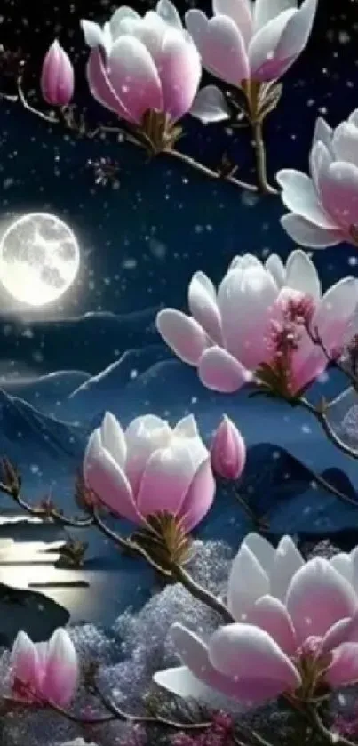 Magnolia blossoms under a full moon in a serene night setting.