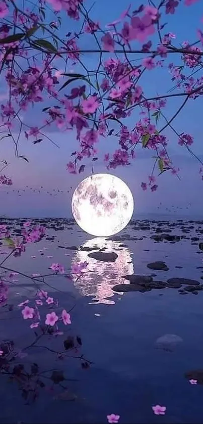 Moonlit lake with pink blossoms and a purple twilight sky.