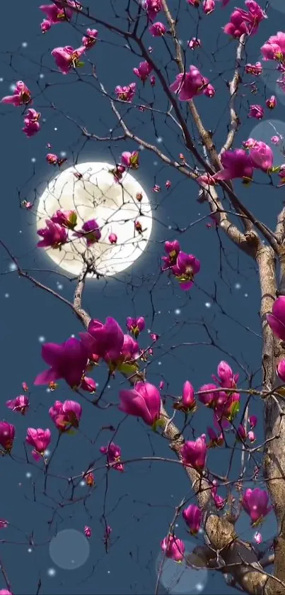 Moonlit tree with purple flowers and glowing moon in the background.