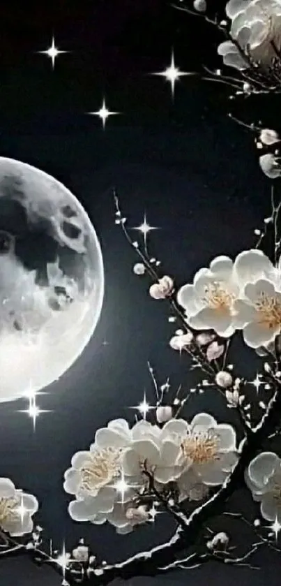 A vibrant wallpaper featuring a moonlit sky with blossoms and stars.