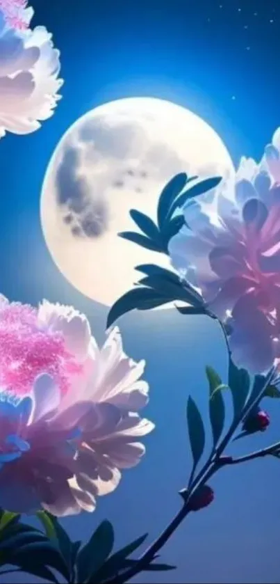 Moonlit night with blooming flowers in serene scenery.