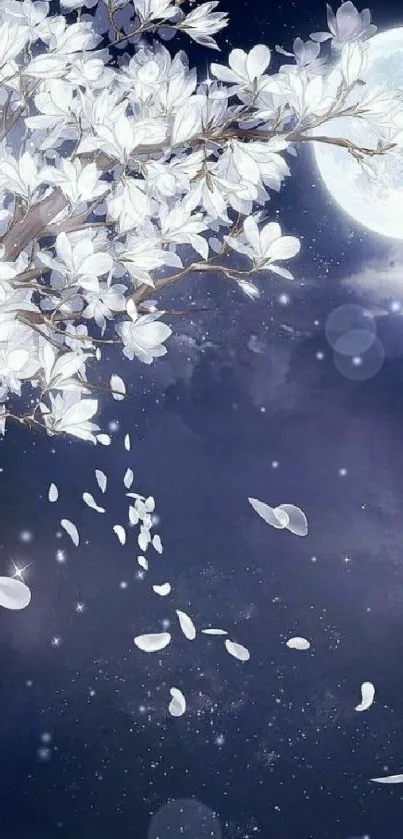 Moonlit blossoms with petals falling under a bright full moon in a night sky.