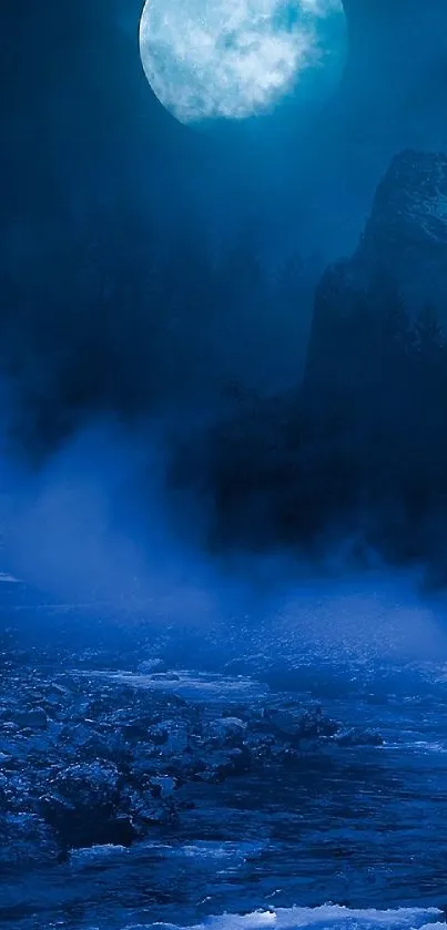 Moonlit nightscape with deep blue hues and mist over a tranquil river.