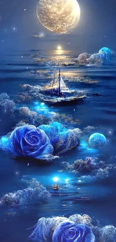 Moonlit sea with blue roses and sailing boats under a glowing moon.