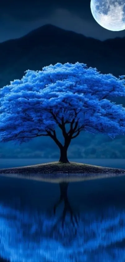 Blue tree on a small island with moonlit reflection over water.
