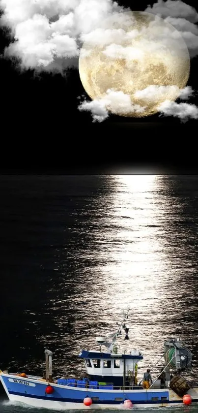 Fishing boat illuminated by moonlight on a calm ocean at night.